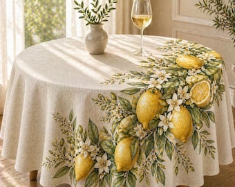 Round Tablecloth Linen Look – Lemon Floral Tablecloth – Dining Table Cover – Summer Kitchen Tablecloth – Neutral Table Decor Gift for Women