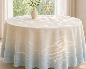Round Linen Tablecloth Neutral Beige Tablecloth Soft Textured Washable Farmhouse Kitchen Table Decor Minimal Sunlit Light Tablescape