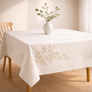 May include: A square, off-white tablecloth with a leaf design in a light brown color. A white vase with green leaves sits on the table. The table is made of wood and has a light brown color.