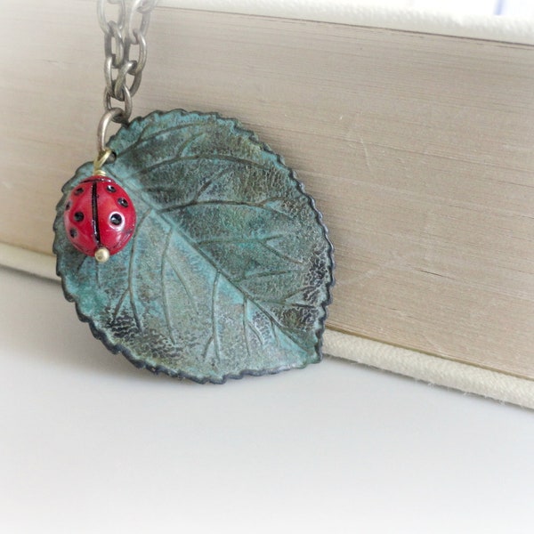 Ladybug on Rose Bush - woodland necklace Teal blue verdigris patina Green red Antiqued chain BF Gift for her Nature Lover