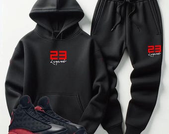 Men's Black Sweatsuit Set To Match Air Jordan 13 Bred 23 Legend Hoodie Joggers