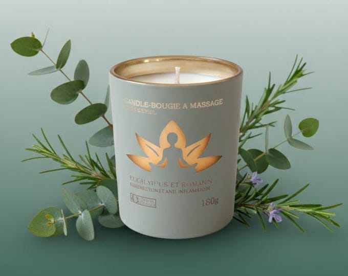Soy candle, eucalyptus and citrus scent for professional spa massage, relaxing therapy, improves mood, respiratory and muscular benefits.
