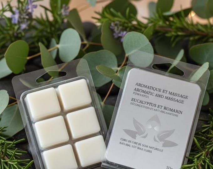 Natural soy wax cubes, eucalyptus and rosemary scent, professional spa massage, relieves congestion, and works as an anti-inflammatory.