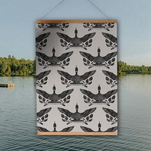 Lámina artística con diseño de colimbos volando - Impresión giclée sobre la fauna del lago Ontario, decoración rústica canadiense para casas de campo.