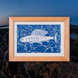 Arctic Grayling Salmon Handmade 5x7” Linocut Print - Small Fish Block Print, Northwest Territories