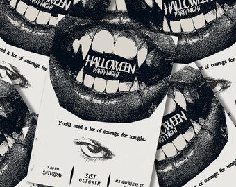 May include: Black and white Halloween party night flyers. Each flyer features a graphic of a mouth with sharp teeth and the text "Halloween Party Night". Additional text includes the date, time, and location.