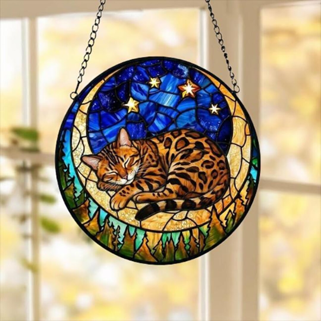 Custom Bengal Sleeping Cat Suncatcher, Stained Glass Window Hanging ...