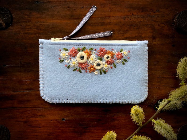 Wool Felt Coin Purse Wallet ø Small MakeUp Bag ø Hand Embroidered ø Personalised Gift ø LoftFullOfGoodies image 1