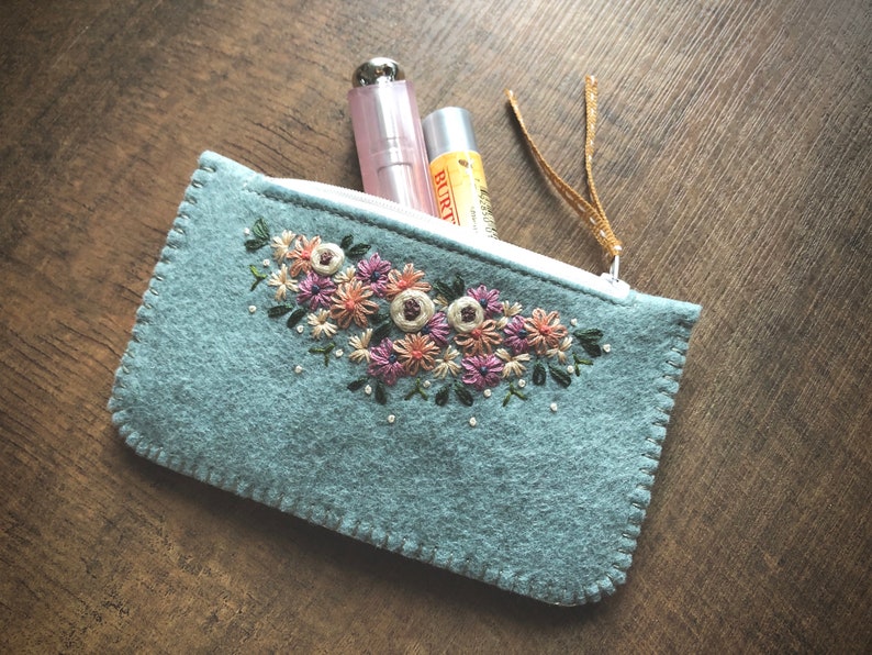 Wool Felt Coin Purse Wallet ø Small MakeUp Bag ø Hand Embroidered ø Personalised Gift ø LoftFullOfGoodies image 3