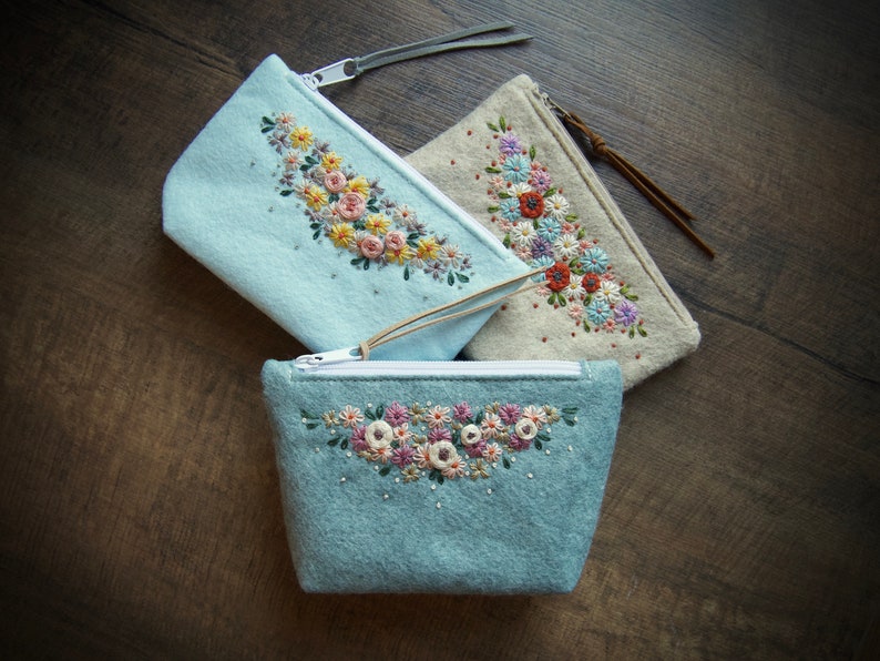 Wool Felt Pouch Purse Wallet ø MakeUp Bag ø Hand Embroidered ø Personalised Gift ø LoftFullOfGoodies image 2