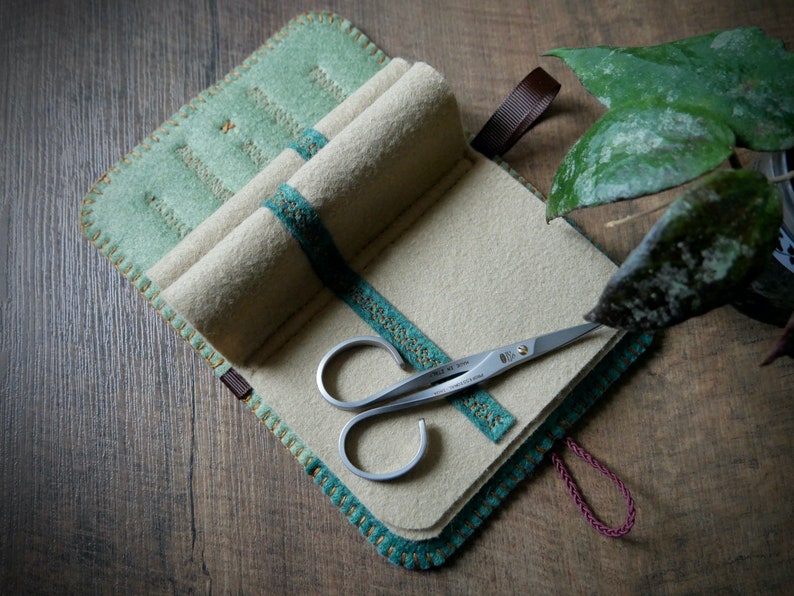 Wool Felt Needle Book Case Organizer Sewing Kit ø Deep Dark Wood ø LoftFullOfGoodies image 3