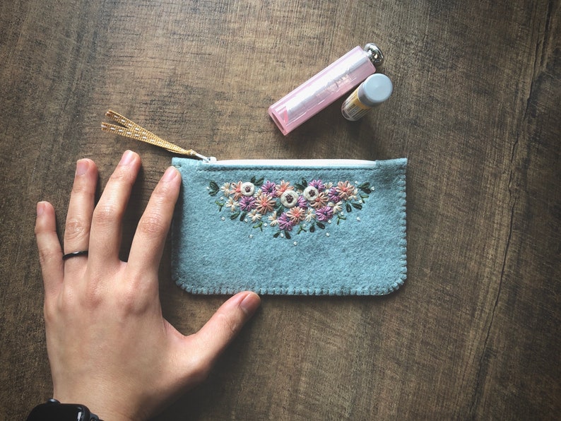 Wool Felt Coin Purse Wallet ø Small MakeUp Bag ø Hand Embroidered ø Personalised Gift ø LoftFullOfGoodies image 2