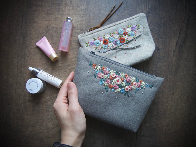 Wool Felt Pouch Purse Wallet ø MakeUp Bag ø Hand Embroidered ø Personalised Gift ø LoftFullOfGoodies image 1