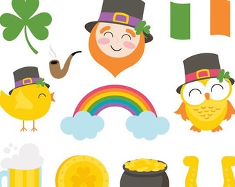st patricks day saint clover irish leprechaun owl bird rainbow pot of gold ireland coins horseshoe beer - St. Patrick's Day Digital Clipart