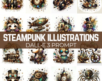 Steampunk Illustrations | DALL•E 3 Prompt | Dystopian, Steampunk, Futuristic, Neon, High-Tech, Iridescent, Gears, Clocks, Guide