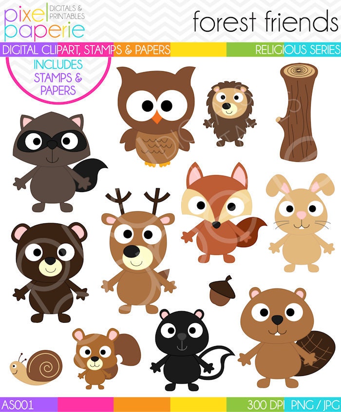 woodland clipart digital clip art owl hedgehog bird fox beaver skunk …