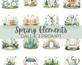 Spring Elements | DALL•E 3 Prompt | Rainboots, Garden, Swing, Bicycle, Herbs, Flowers, Rain, Umbrella, Clipart, Illustrations, Guide