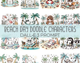 Beach Day Doodle Characters | DALL•E 3 Prompt | Animals, Clipart, Illustrations, Turtle, Seagull, Crab, Seal, Clam, Kids, Sun, Summer, Guide