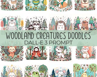 Woodland Creatures Doodles | DALL•E 3 Prompt | Forest, Animals, Bear, Fox, Hedgehog, Bird, Deer, Clipart, Hand-drawn, Illustrations, Guide