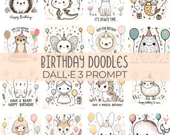 Birthday Doodles | DALL•E 3 Prompt | Party, Animals, Princess, Monster, Clipart, Hand-drawn, Vector, Illustrations, Kids, Guide