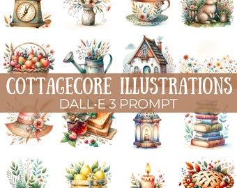 Cottagecore Illustrations | DALL•E 3 Prompt | Rustic, Food, Flowers, Animals, Cottage, Nature, Feathers, Garden, Travel, Clipart, Guide