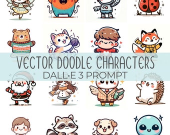 Vector Doodle Characters | DALL•E 3 Prompt | Animals, Pets, Insects, Reptiles, Holidays, Kids, Clipart, Hand-Drawn, Illustrations, Guide