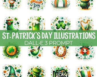 St. Patrick's Day Illustrations | DALL•E 3 Prompt | Leprechaun, Clover, Beer, Harp, Irish, Pot of Gold, Rainbow, Horseshoe, Coin, Guide