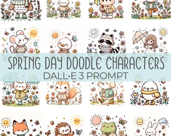 Spring Day Doodle Characters | DALL•E 3 Prompt | Animals, Clipart, Illustrations, Pets, Dog, Cat, Hedgehog, Owl, Kids, Rain, Spring, Guide