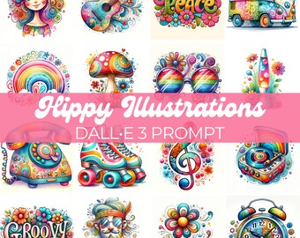 Hippy Illustrations | DALL•E 3 Prompt | Clipart, Illustrations, 70s, 60s, Peace, Mushrooms, Van, Music, Lava Lamp, Groovy, Flowers, Guide