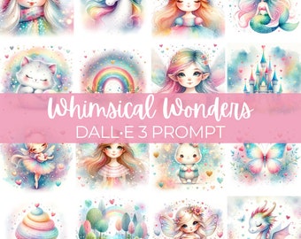 Whimsical Wonders | DALL•E 3 Prompt | Fairy, Mermaid, Princess, Unicorn, Butterfly, Gnome, Clipart, Illustrations, Watercolor, Kids, Guide