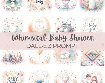 Whimsical Baby Shower | DALL•E 3 Prompt | Pregnancy, Crib, Bottle, Blanket, Carriage, Stroller, Clipart, Illustrations, Watercolor, Guide