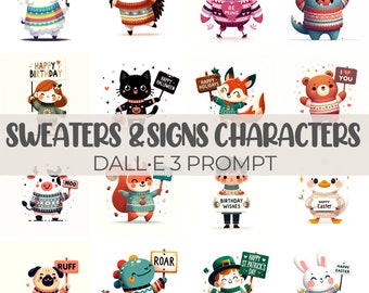 Signs and Sweaters Characters | DALL•E 3 Prompt | Animals, Pets, Holidays, Seasons, Birthday, Vector, Clipart, Guide