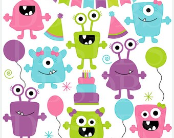 monster aliens clipart clip art birthday party - Girl Monsters Birthday Bash Digital Clip Art