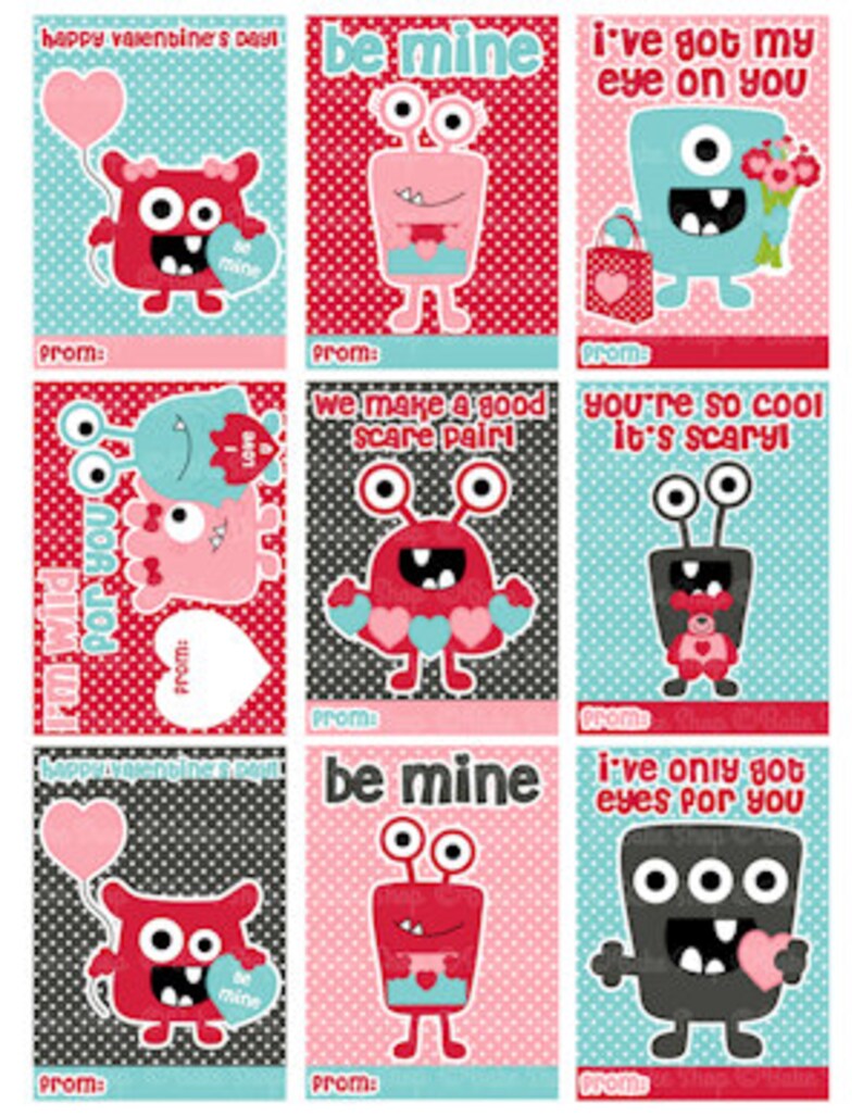 Valentine Cards Monsters Digital Printable Monster - Etsy
