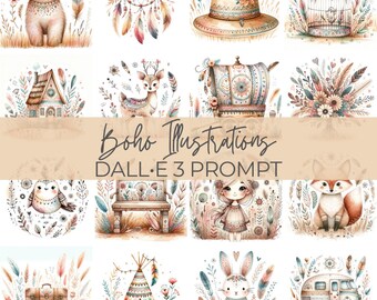 Boho Illustrations | DALL•E 3 Prompt | Flowers, Animals, Cottage, Nature, Feathers, Garden, Travel, Clipart, Guide