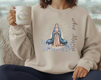 Pull Ave Maria | Illustration de la dévotion mariale | Vêtements religieux | Pull catholique