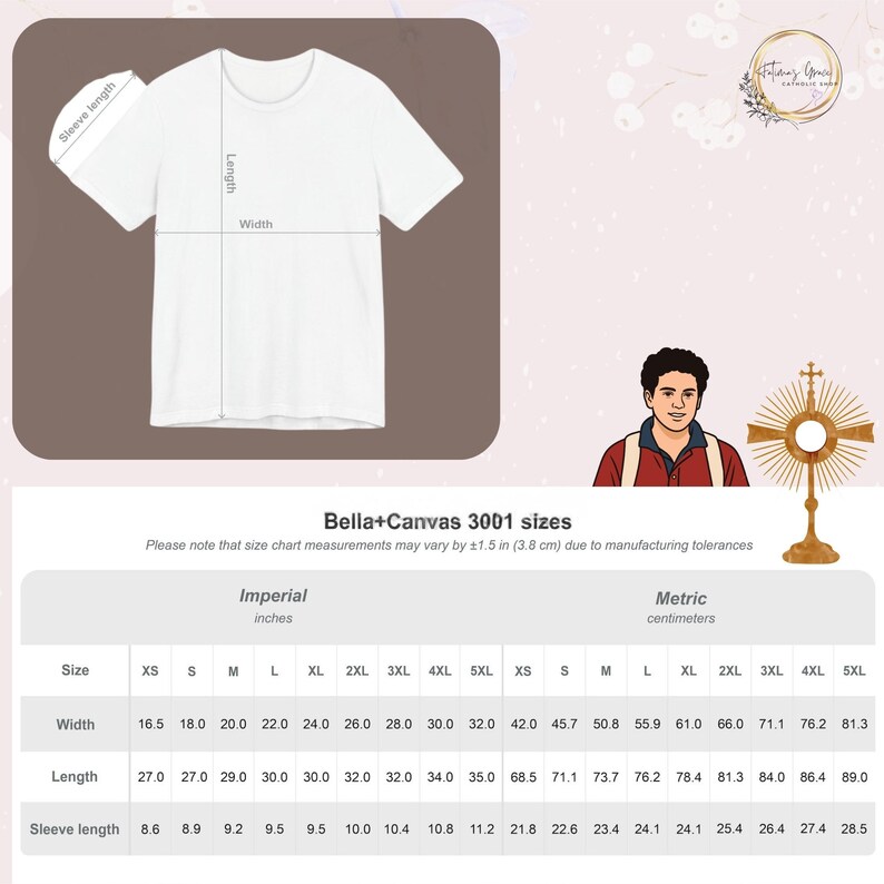 May include: White Bella+Canvas 3001 t-shirt with size chart. The chart shows measurements in inches for width, length, and sleeve length, ranging from XS to 5XL. The t-shirt is a basic crew neck style.