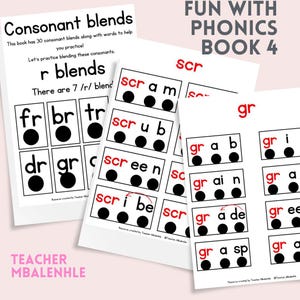 May include: Educational materials for phonics practice. The image shows several white pages with consonant blends, including "r blends" and words like "scrub" and "grade." The title "Fun with Phonics Book 4" is visible, along with the name "Teacher Mbalenhle."