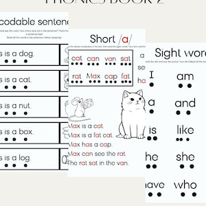 May include: A phonics workbook page with the title "FUN WITH PHONICS BOOK 2." The page includes sections on decodable sentences, short /a/ words, and sight words. Illustrations of a cat and a mouse are also present.