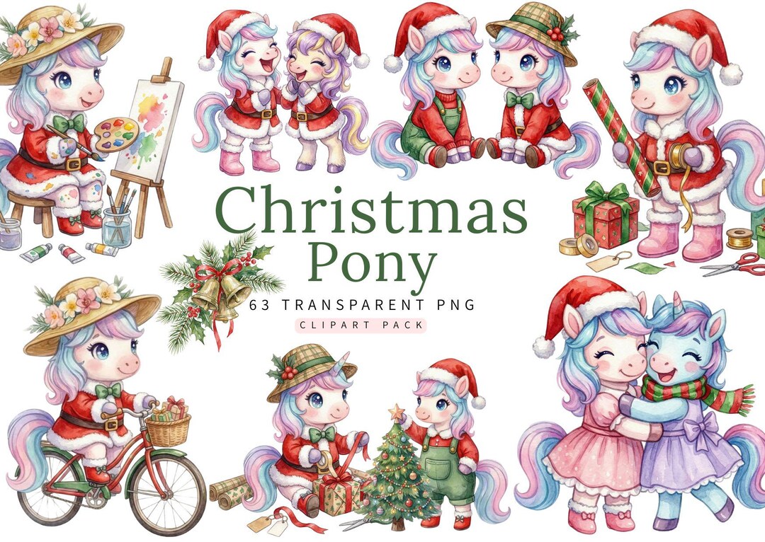 Christmas Pony Clipart Bundle | Chibi Unicorn & Horse PNG | Kawaii ...