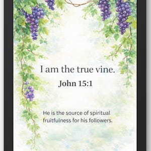 May include: Framed art print featuring a watercolor illustration of grape vines with purple grapes and green leaves. The text "I am the true vine. John 15:1" is displayed. The frame is black.