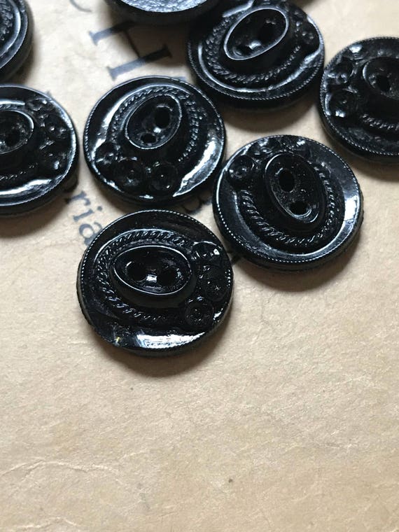 Set of 12 Vintage European Black Glass Hat Shaped Buttons 5036 | Etsy