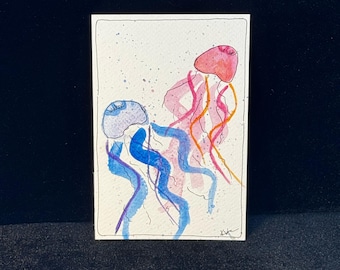 Original Watercolor Jellyfish Postcard – Blue and Red Sea Creatures 4x6 Art Card