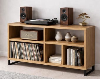 MDF Record Player Table, Vinyl Storage Stand, Turntable Cabinet, Modern Rustic Media Console, LP Organizer, Gift for Music Lovers