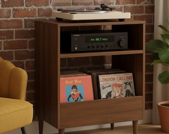 Mid Century Record Player Stand – Wooden Vinyl Storage Cabinet & Turntable Table -