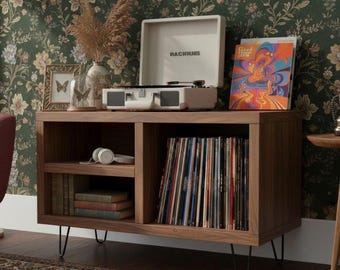 Vinyl Record Player Stand Cabinet, Record Storage Furniture for Small Spaces, Retro Turntable Table -