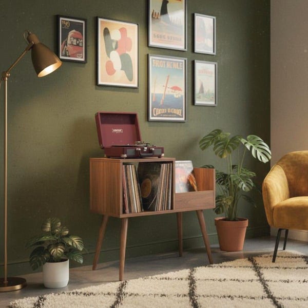 Soporte para tocadiscos hecho a mano con almacenamiento, mesa para tocadiscos de madera MDF, gabinete de vinilo personalizado de mediados de siglo.