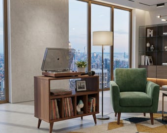 Modern Walnut Record Player Stand with Vinyl Storage, MDF Turntable Table, Mid Century Style Stereo Cabinet - Record Player Holder Shelf