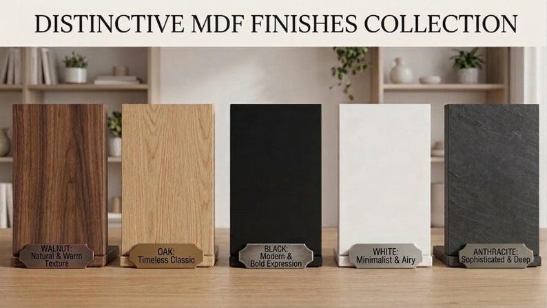 May include: A collection of five rectangular MDF finish samples labeled DISTINCTIVE MDF FINISHES COLLECTION. The samples include walnut, oak, black, white, and anthracite, each with a small metal plaque describing the finish and texture.