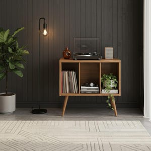 May include: A wooden record player console with three open storage compartments, featuring a turntable on top, a collection of vinyl records, books, and a small potted plant. A tall black floor lamp stands to the left of the wooden cabinet.